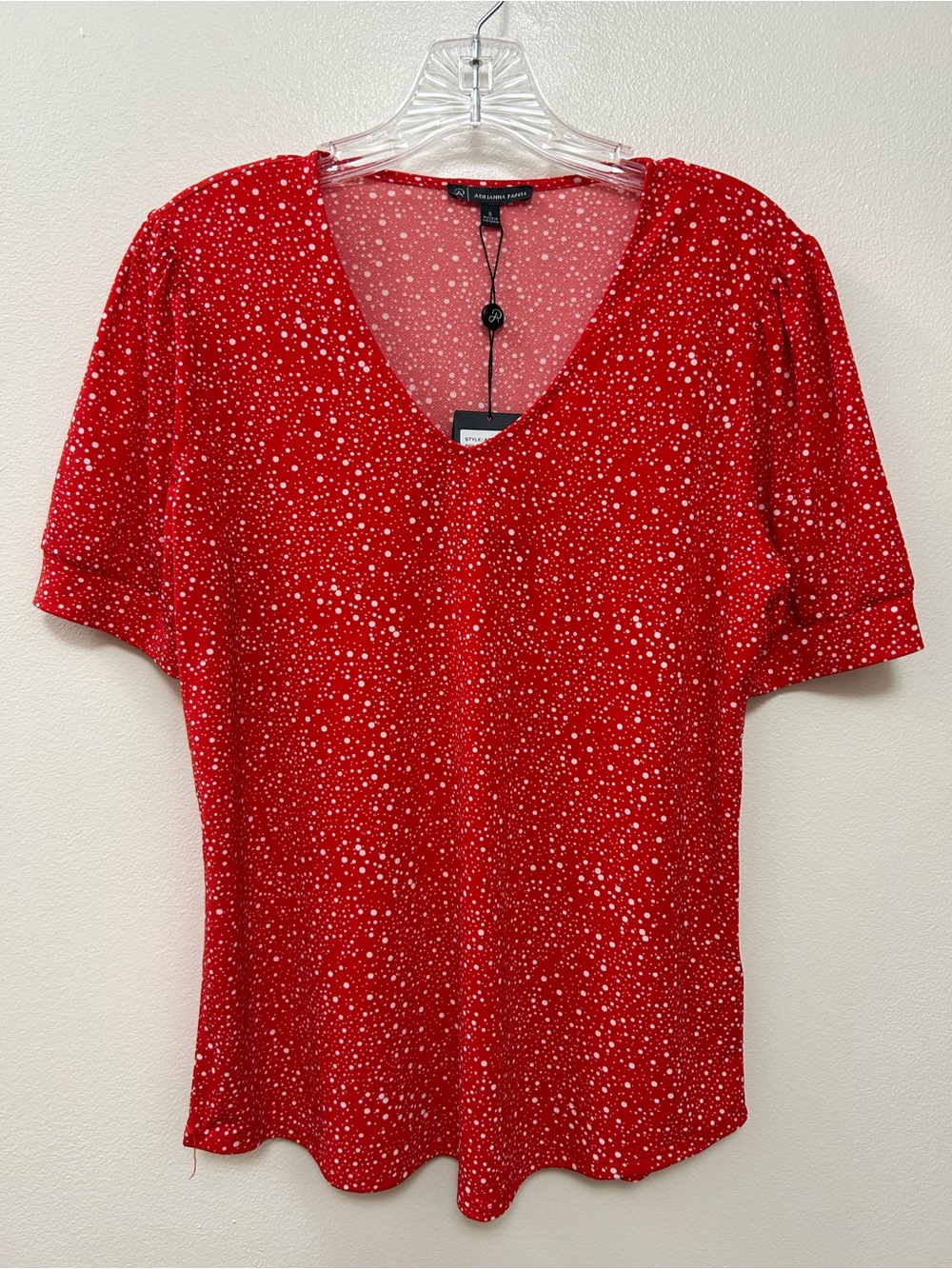Adrianna Papell Red w/ whites dots V-Neck Short Puff Sleeve Top Size-S